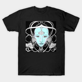 Wise cyber robot girl with blue skin entwined with mystical flowers and wires T-Shirt